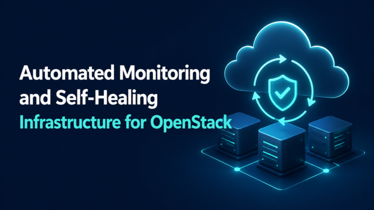 Automated Monitoring and Self-Healing Infrastructure for OpenStack with a cloud, servers, and shield icon showing automated recovery.