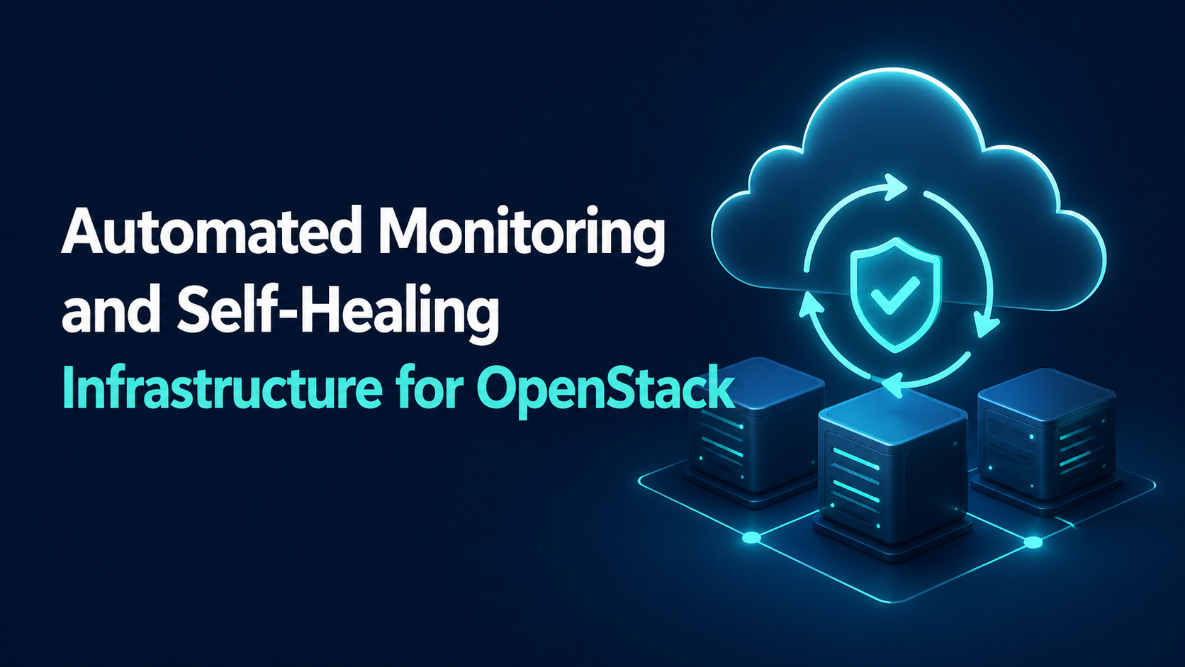 Automated Monitoring and Self-Healing Infrastructure for OpenStack with a cloud, servers, and shield icon showing automated recovery.